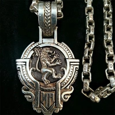 Ornate Tibetan Silver Lion Medallion 2-Sides w/ Heavy Chain Necklace
