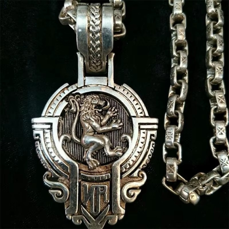 Ornate Tibetan Silver Lion Medallion 2-Sides w/ Heavy Chain Necklace