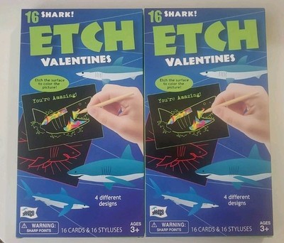 Shark Etch Valentine Cards 32 Cards 4 diff. Designs 32 Styluses NIB Quick Ship!!