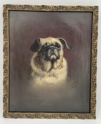 19th Century A. PAPINI MUSITANO Antique Portrait Pug Dog Neapolitan Oil Painting