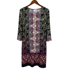 London Times Dress Women's 12 Shift 3/4 Sleeve Stretchy Black Purple Knee Length