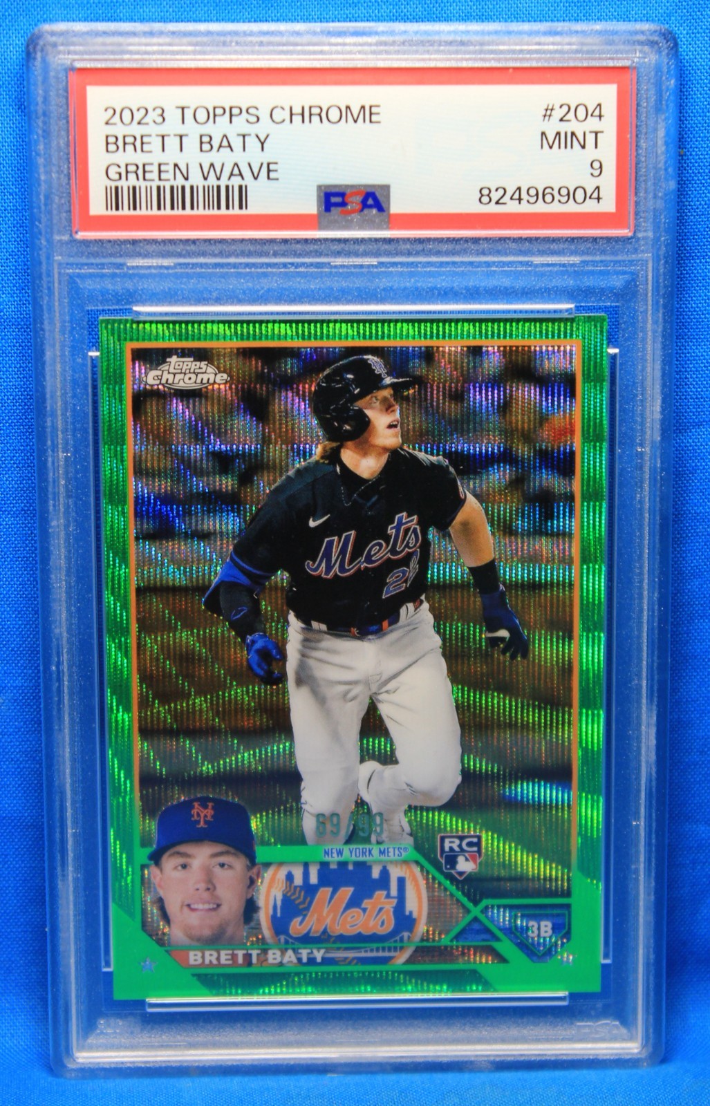 2023 TOPPS CHROME # 204 Brett Baty RC PSA 9 MINT # 82496904 GREEN WAVE # 69/99