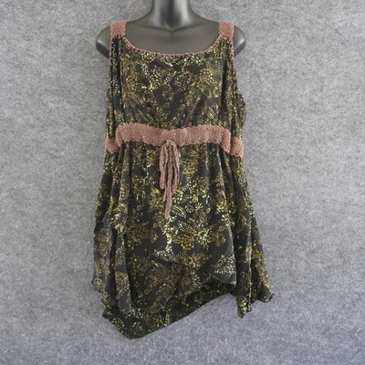 Santiki Batik Dress 2X Plus Black Gold Crochet Tunic Handkerchief Fairycore Y2K
