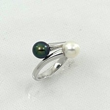 Twin AAA Black  White Freshwater Pearl Cocktail Ring   .925 Sterling Silver