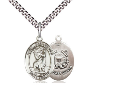 Sterling Silver St Christopher Coast Guard Medal Pendant Necklace 24'' Chain