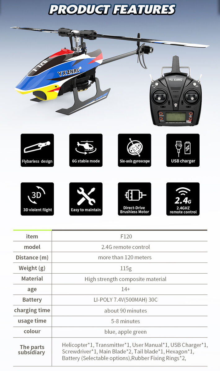 YXZNRC F120 3D 2.4G 6CH 6-Axis Gyro Direct Drive Flybarless YXZNRC F120 3D 2.4G 6CH 6-Axis Gyro Direct Drive Flybarless