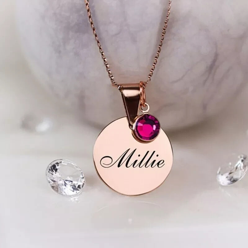 Custom Name Birthstone Necklace Engraved Jewelry Round Pendant Cubic Zirconia-image