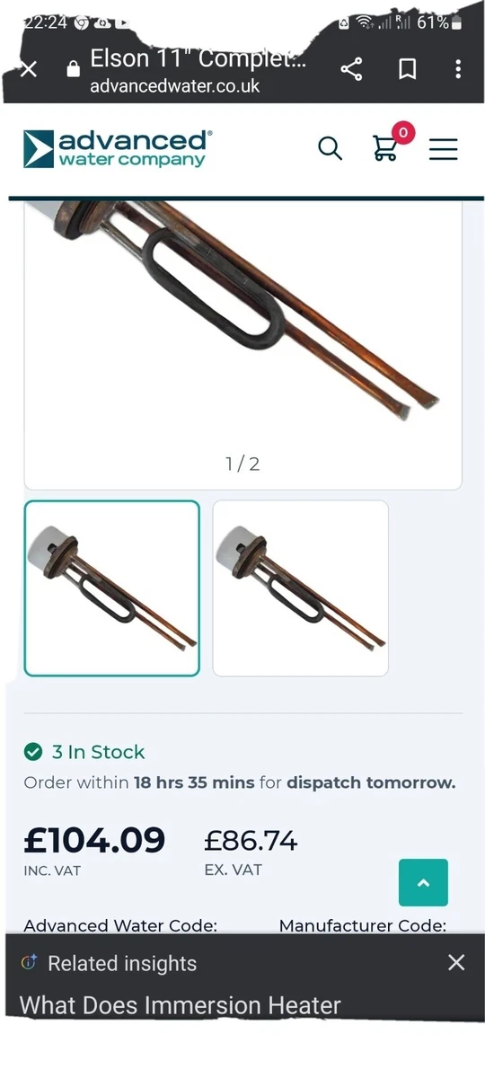 Elson 11u0026#034; Complete Immersion Heater (Pearl Plus Cylinder) 90100002 |  eBay