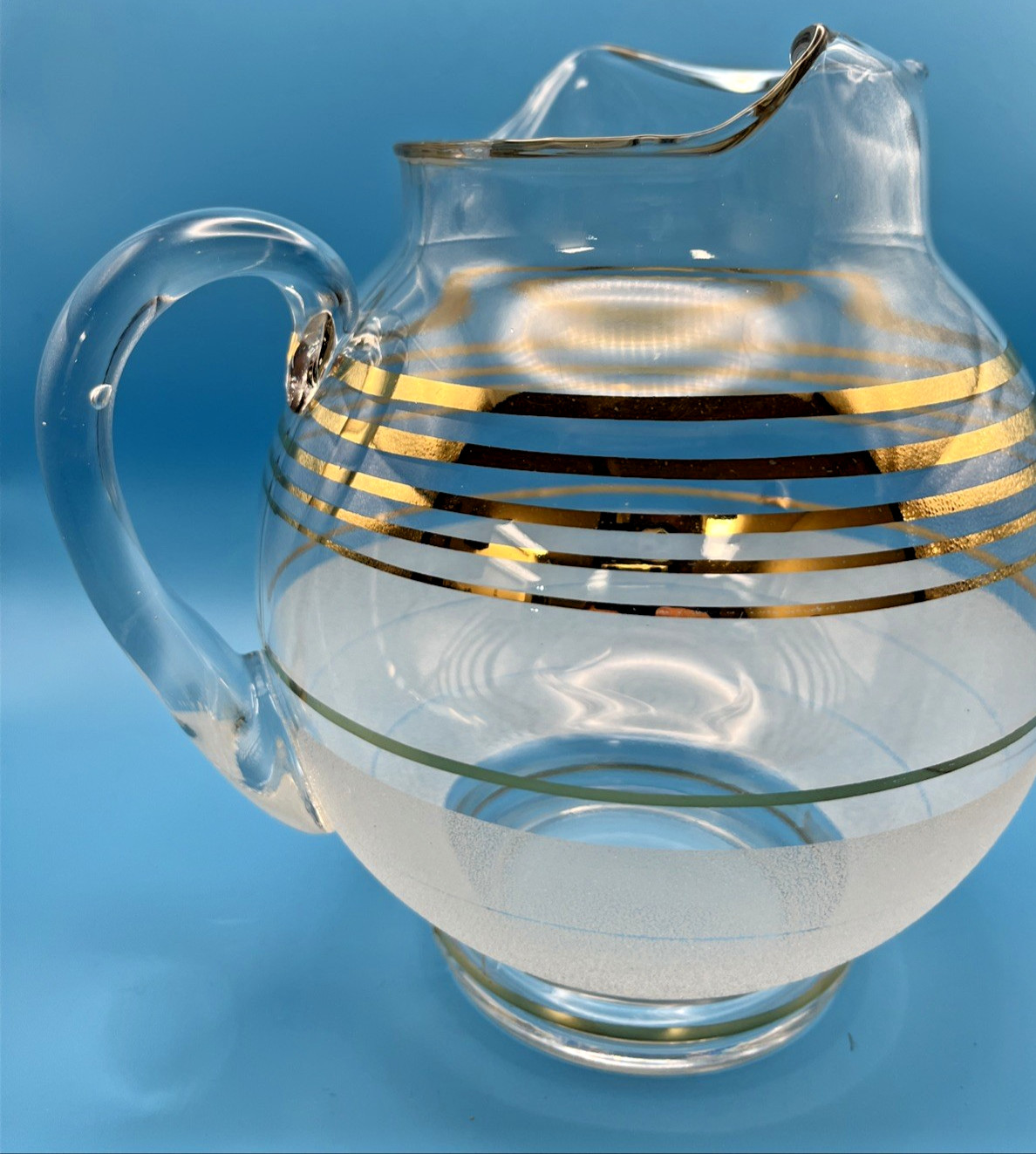West Virginia Glass Blendo Pitcher Clear & textured Frosted Glass gold MCM Gift