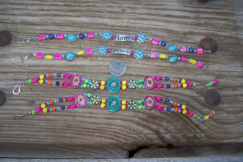 2 Pairs OOAK~Artisan Handmade Boho Chic Festival LOVE PEACE Rhinestone Anklets - Picture 2 of 16