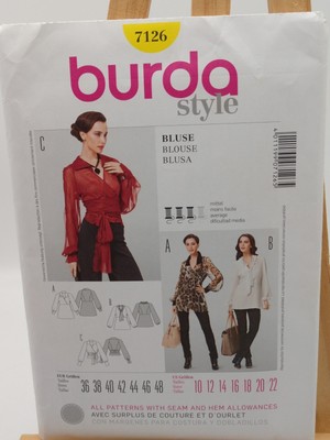 Burda blouse pattern 7126 size  10 - 22 semi fitted 3 styles uncut year 2012