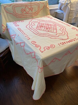 bubble gum pink on pale yellow Hand tufted candlewick NU MUSEUM PIECE 82'' fresh