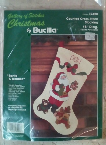 Bucilla Christmas Stocking Santa & Teddies Gallery of Stitches Cross Stitch NOS