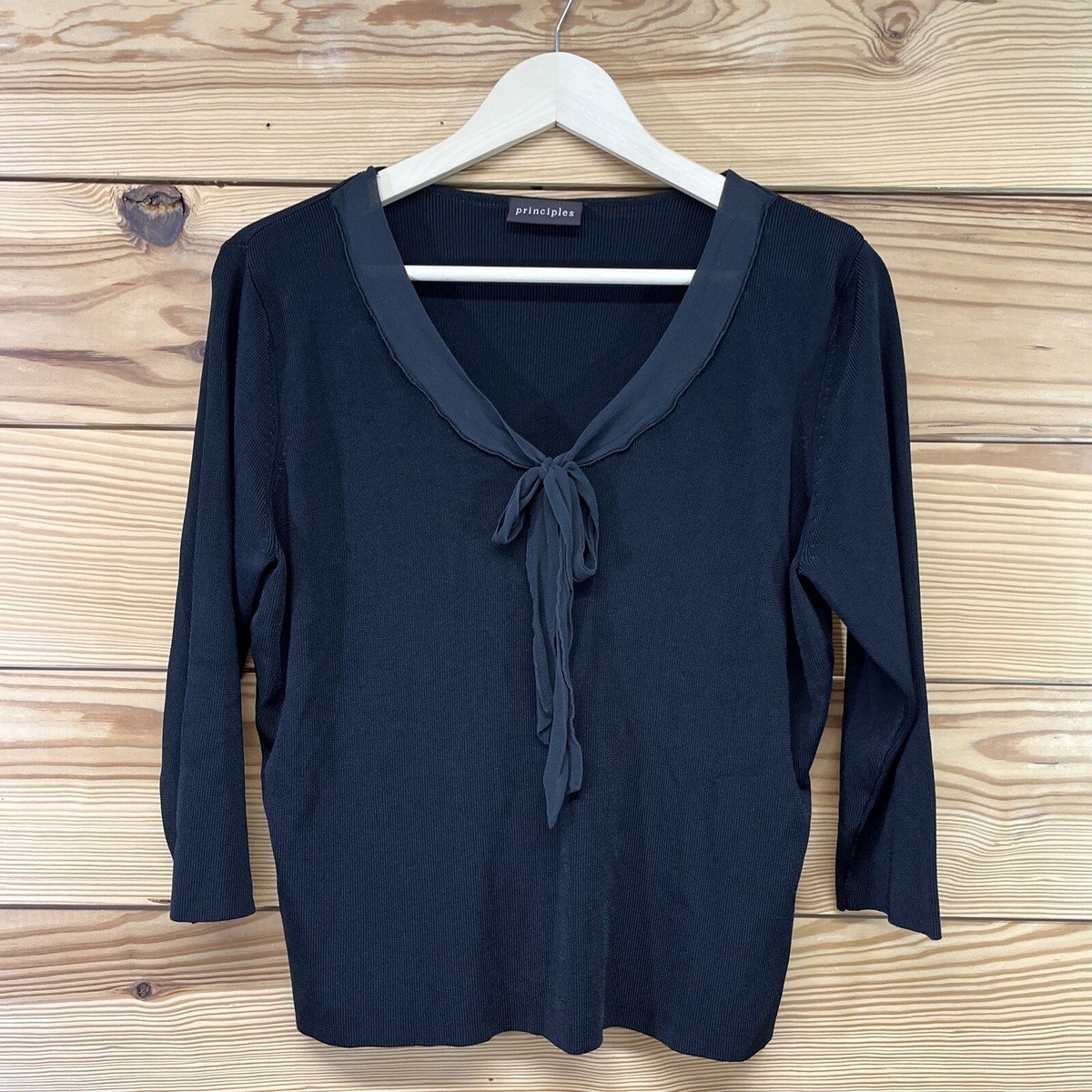 Principles Sweater Shirt 18 Black Viscose 100% Silk Bow Neck French Look  B147