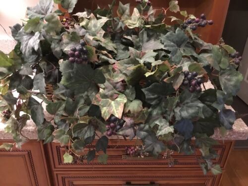 Artificial Grapevine Greenery With Grapes And Berries In Rectangular Tan Wicker - Picture 1 of 5