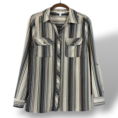 Notations Shirt Womens Sz S Brown/Cream Striped Long Sleeve Pocket Button-Up