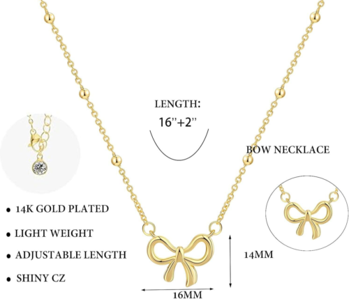 Women Lightweight Bow Necklace 14K Gold Plated Dainty Chain Trendy Jewelry Gift - Picture 3 of 6