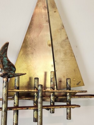 カーティスジェレ1987サイン入り彫刻c.jere ウォールスカルプチャーヨット Curtis Jeré | JERE Mixed Metal Wall Sculpture of Sail Boats