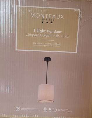 Monteaux Lighting 10 in. 1-Light Black Drum Pendant Light Fixture w/ Linen Shade