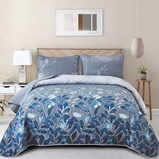 Quilt Set Queen Size,3 Pieces Navy Floral Bedspread Queen 96" 90" Blue