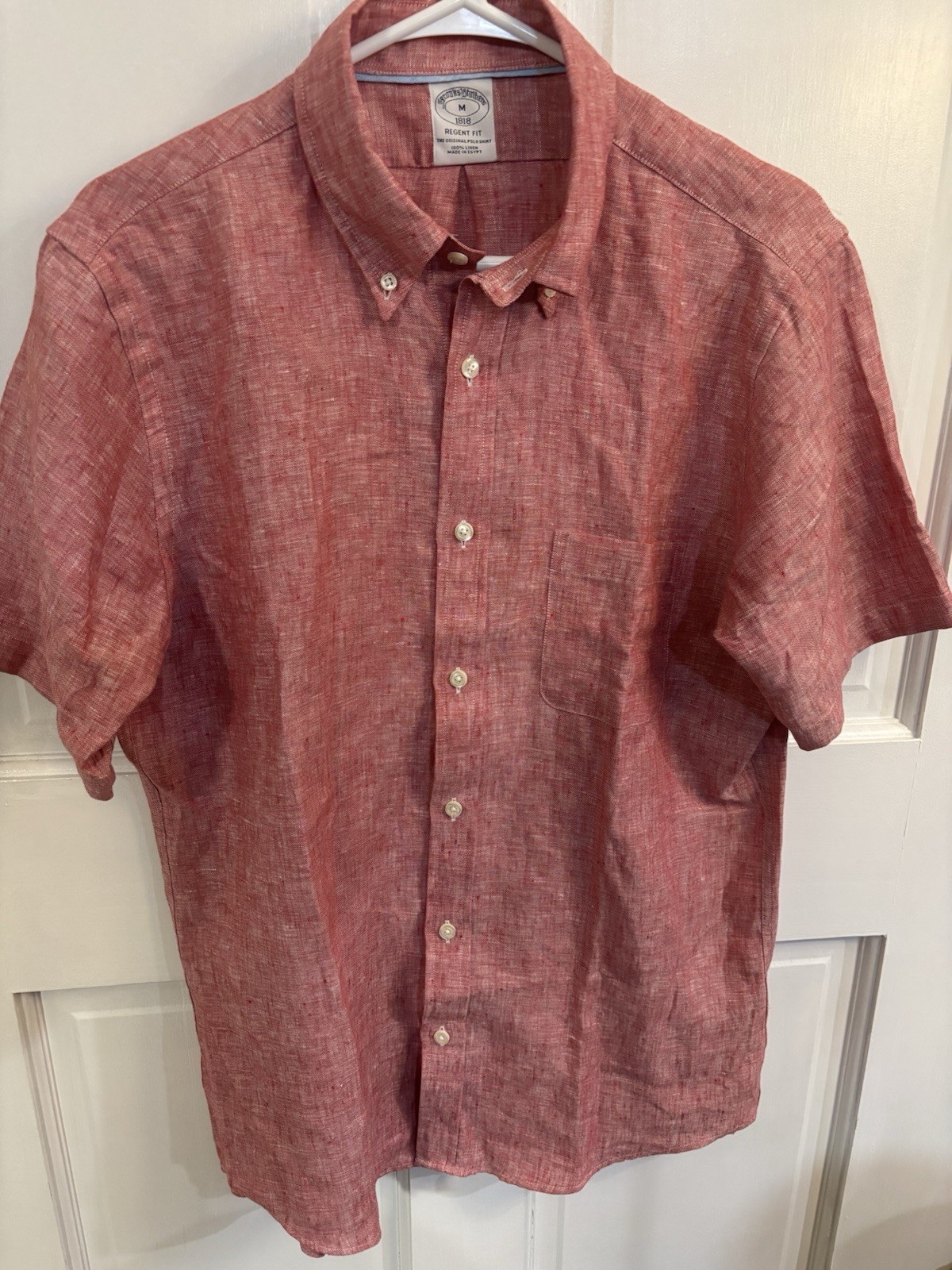 Brooks Brothers Shirt Mens Medium Red Linen Regent Fit Button Down Short Sleeve