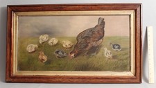 x1900 Antique Folk Art Hen Chickens & Chicks Country Barnyard Oil Painting, NR