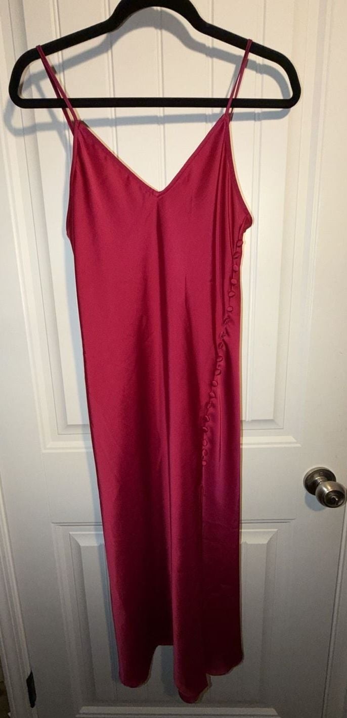 Banana Republic Petite Satin Midi Slip Dress with Covered Buttons in Berry Pink, photo 2