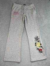 Ed Hardy Sweatpants Womens Large 33x32.5 Gray Wide Leg Rose Tattoo Y2K