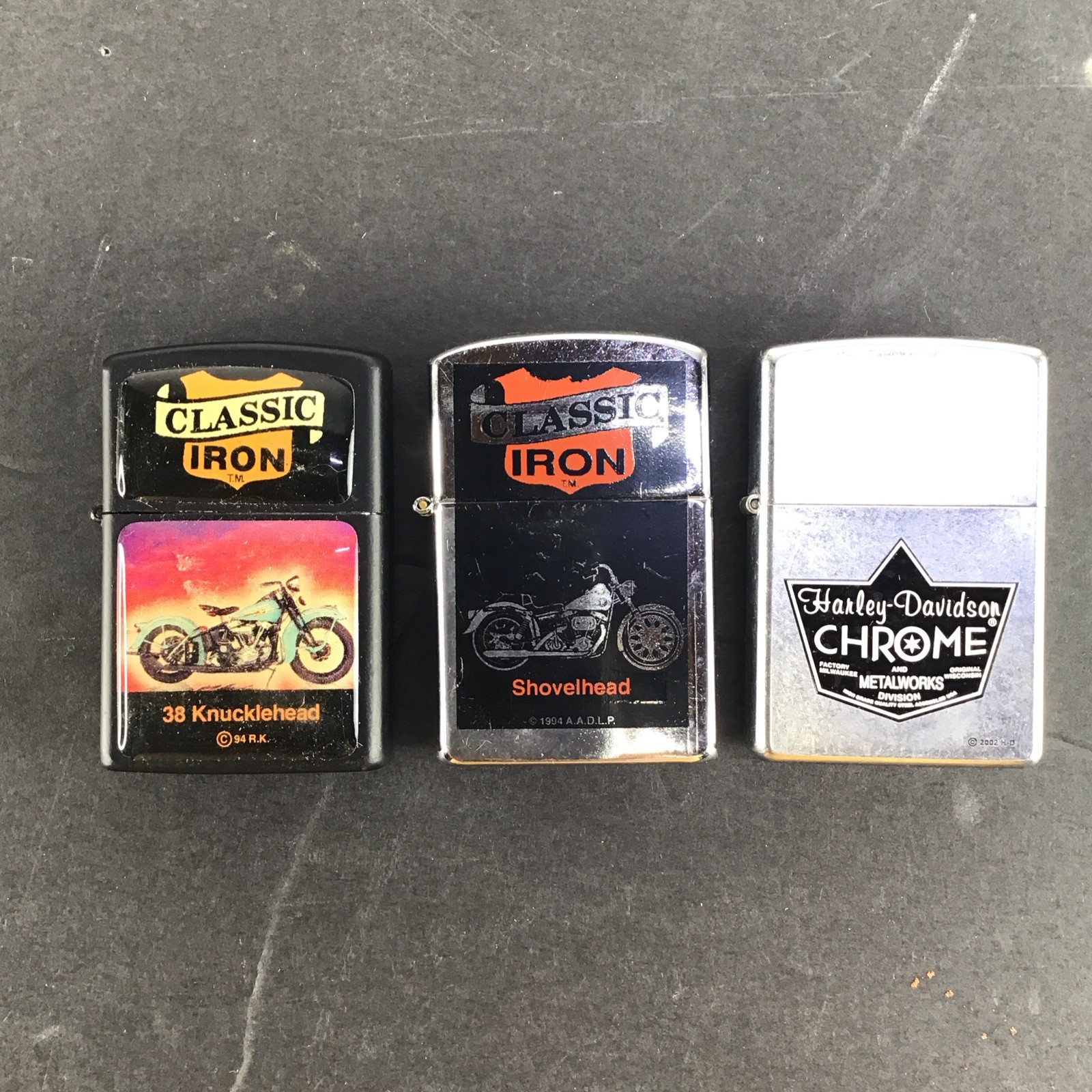 3 vtg Lighters Zippo AADLP Classic Iron & Harley Davidson Knucklehead Shovelhead
