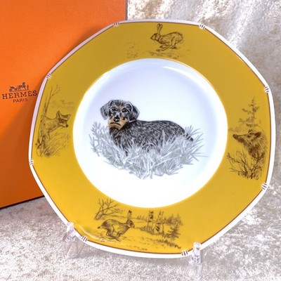 Vintage Hermes Dessert Plate Dog Teckel a Poil Dur Porcelain Tableware w/Box