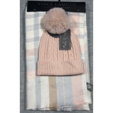 Vince Camuto Womens Pink Cable Knit Beanie and Plaid Scarf Set Faux Fur Pom