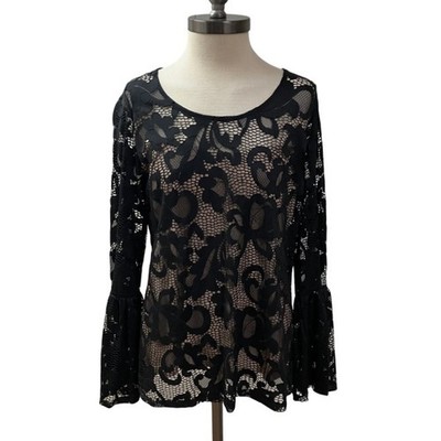Fairycore Whimsygoth Floral Black Lace Overlay Blouse Large Wedding Coquette