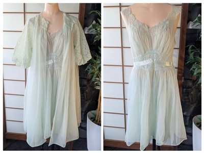 Vtg 50s Vanity Fair Peignoir Set Sheer Chiffon Nightgown Mint Green 36 S/M