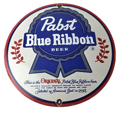 Vintage Pabst Blue Ribbon Beer Porcelain Sign - Ribbon Badge Logo Sign