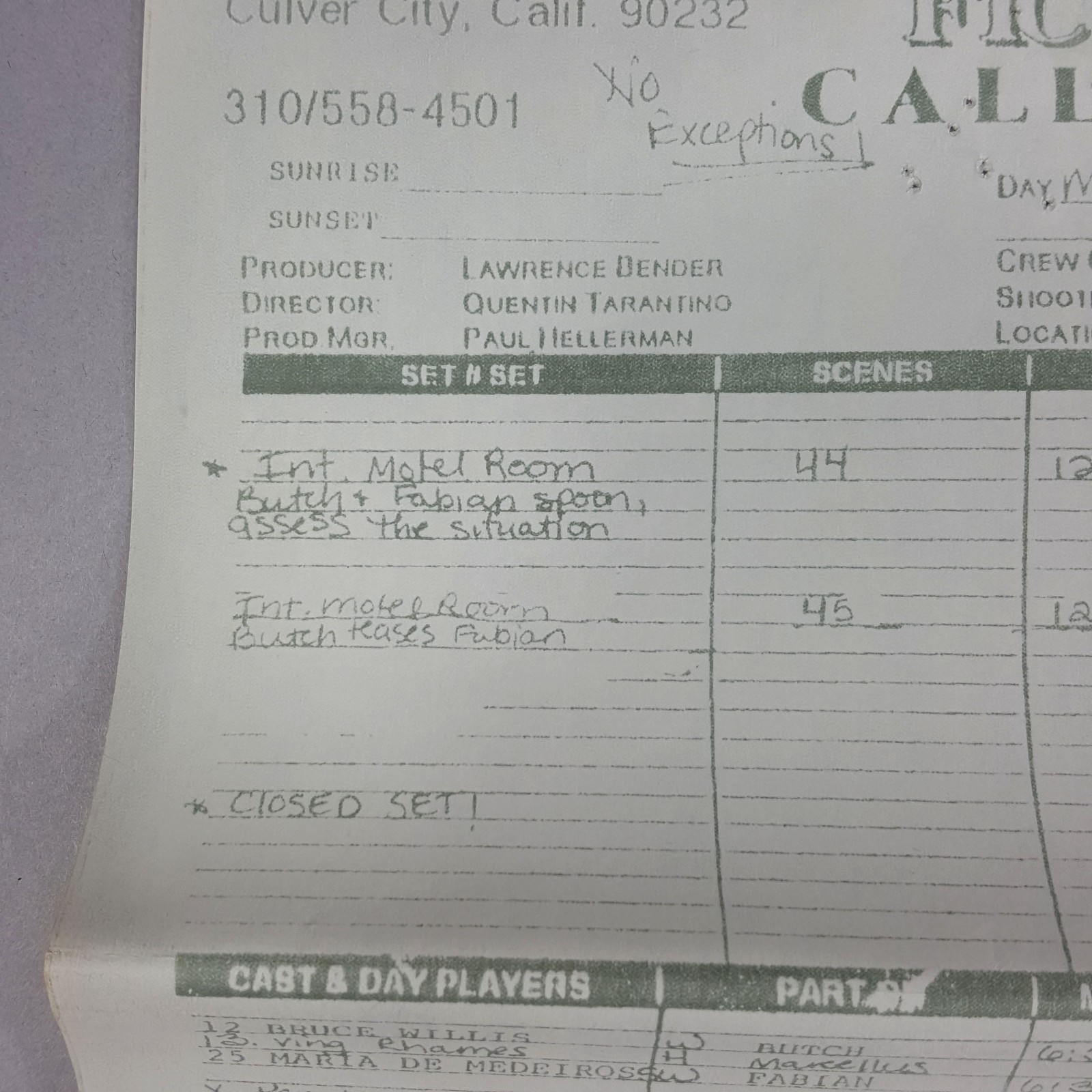 Image 4 of Pulp Fiction Call Sheet Bruce Willis in Motel Movie Prop Quentin Tarantino Day21