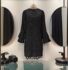 New Lipsy Size 8 Black All Over Lace Ruffle Sleeve Shift Dress Evening