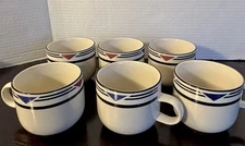 TIENSHAN Stoneware Mugs Set of Six COFFEE CUPS Cream w/ Red Blue Hearts 90’s