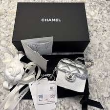 NEW 25B Chanel Silver Metallic Mini Heart Bag Charm With Chain NWT