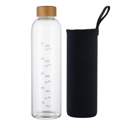 32 oz Glass Water Bottle with Time Marker Lid Neoprene Sleeve for to Go Trave...