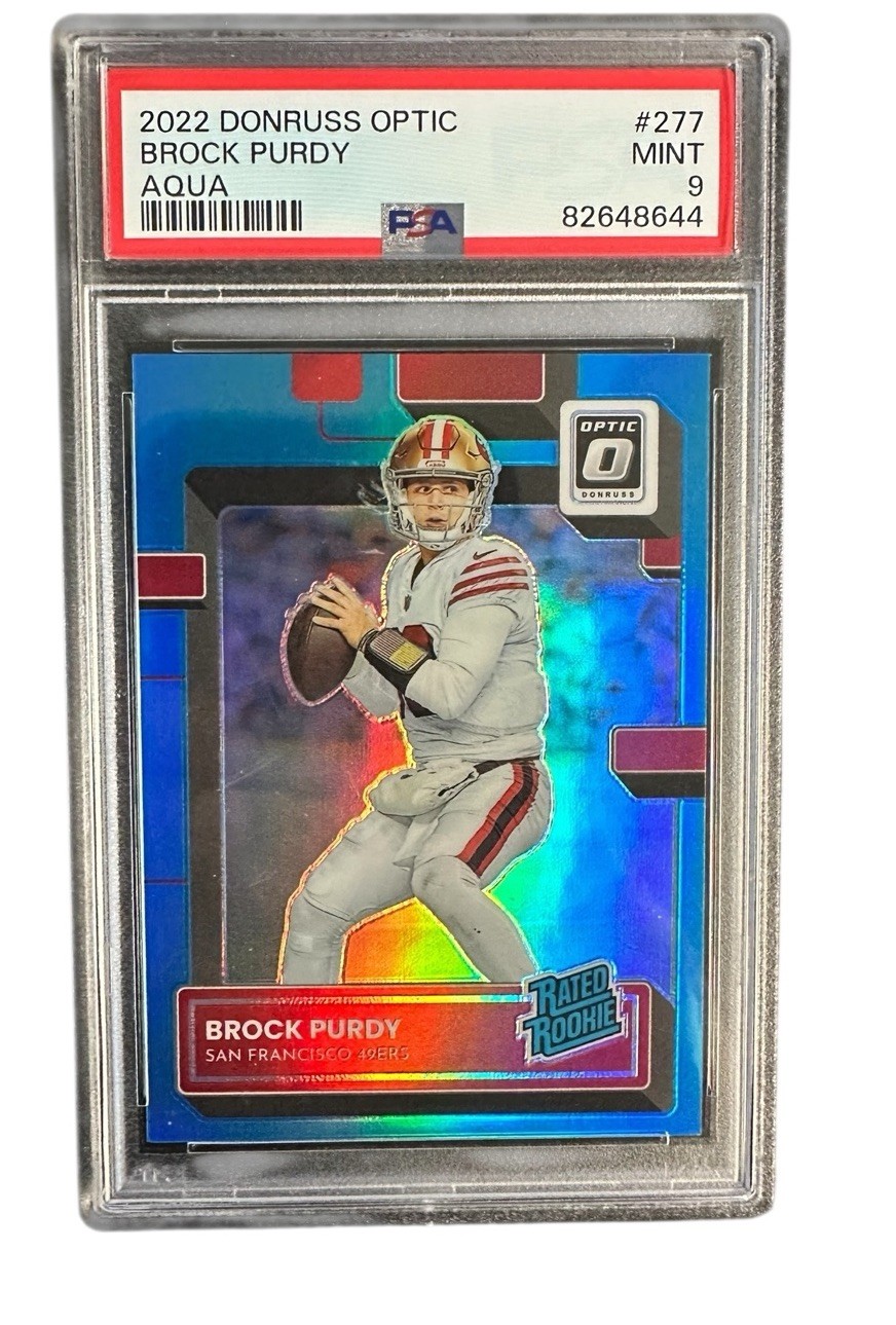 Brock Purdy 2022 Donruss Optic Rated Rookie no. 277 AQUA PRIZM /299 PSA 9
