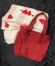 New Victoria's Secret VS Striped Heart Sherpa Cozy Blanket  Red Quilted Tote