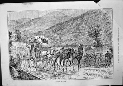 Alter Druck Touring Wales J Sturgess Pferde ziehen Kutsche gießender Regen 1888 19.