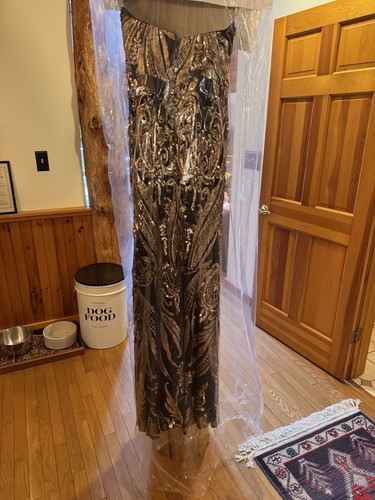 Women’s Evening Gown Gold Sequins On Black Size Medium Worn Once Dry Cleaned