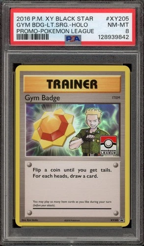 Pokemon Gym Badge Lt. Surge Pokemon League Black Star Holo Promo XY205 PSA 8