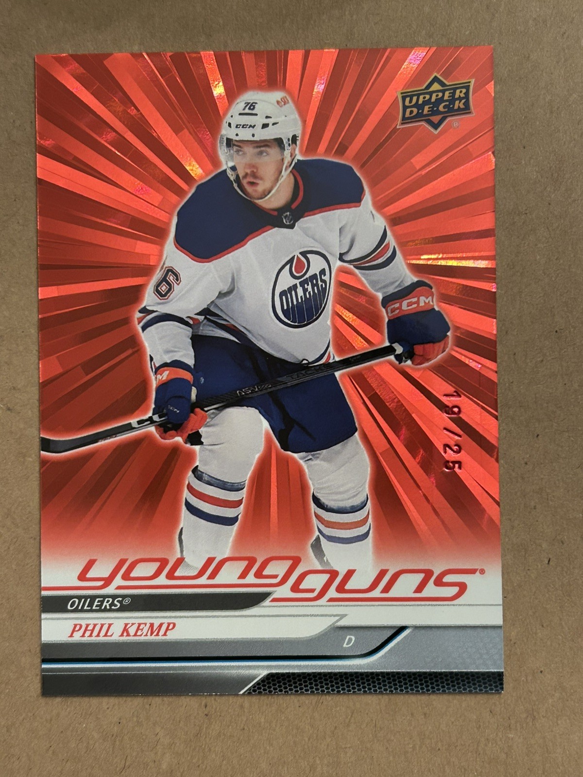 2024-25 Upper Deck #471 Phil Kemp Outburst Red /25 Young Gun RC Edmonton Oilers