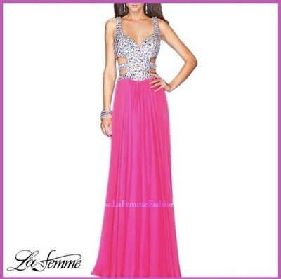 La Femme Bold Pink Gemstone Embellished Sleeveless Gown Dress Sz 6