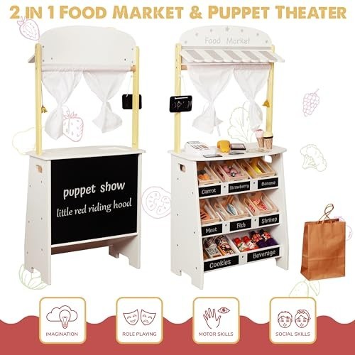 как выглядит Kids Grocery Store Playset - Wooden Supermarket Cart, Cash Register 26PCS Food фото