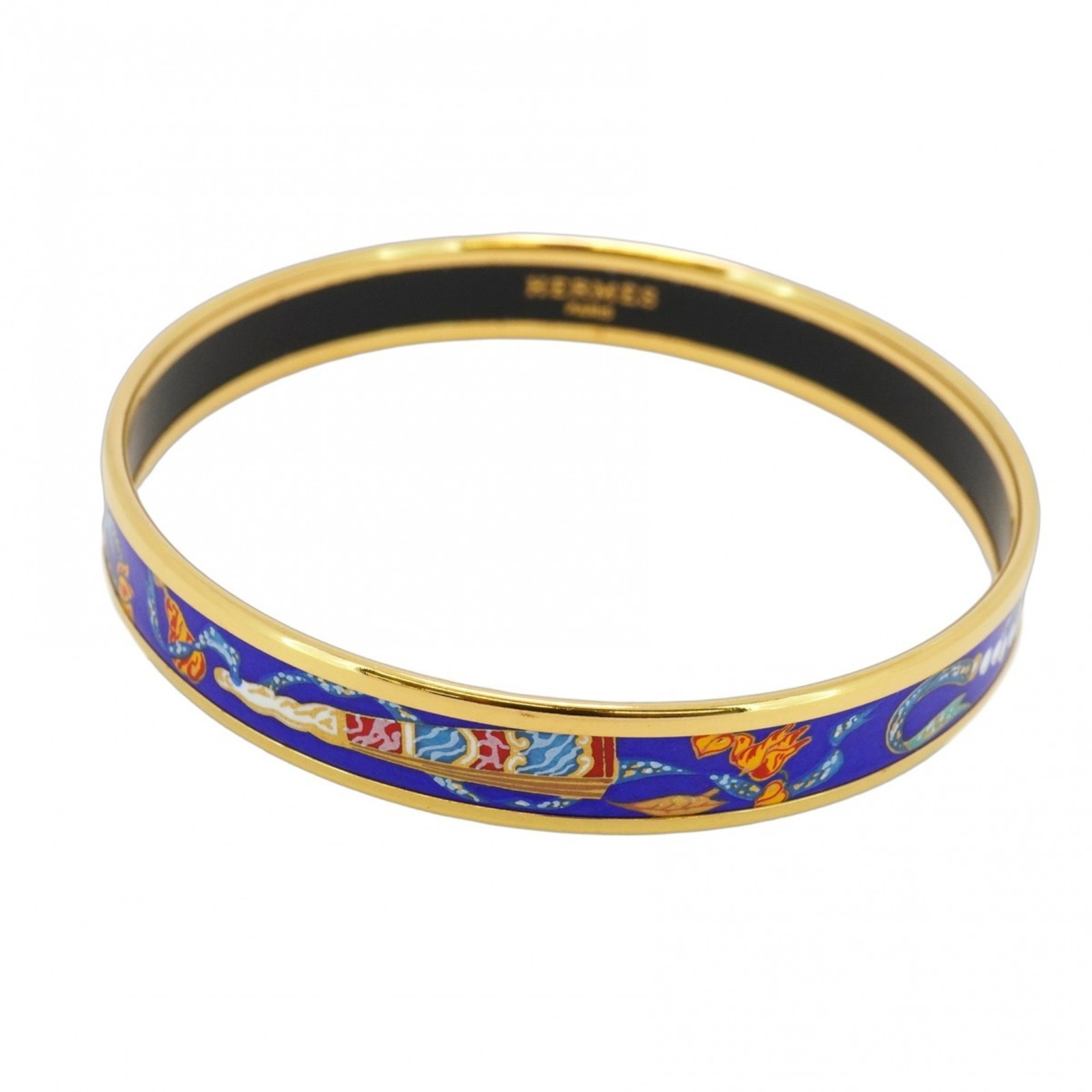 Hermes Enamel Cloisonne Bangle in Gold GP with Black Blue Details GZl19ykb-image