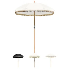 LAGarden 6 Ft Patio Umbrella with Fringe Jazz Age Wood UPF50+ for Outdoor