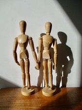 Two Vintage Articulated Posable Wooden Artist Mannequins, 13 inches